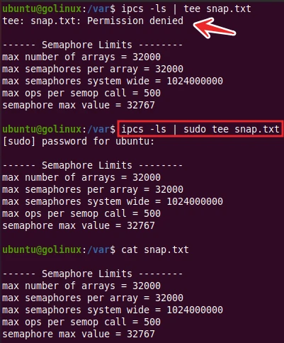 using tee command with sudo