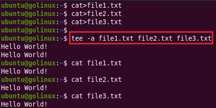 tee command to append to the multiple files