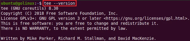 tee command to display the version
