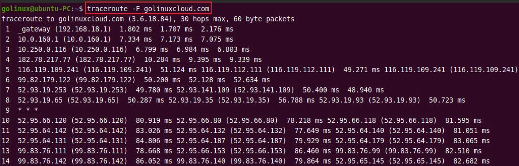 traceroute command to not fragment packets