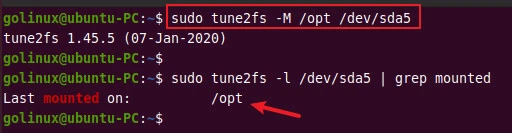 tune2fs command to change the last mounted directory of a filesystem