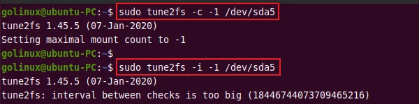 tune2fs command to disable filesystem checks on boot