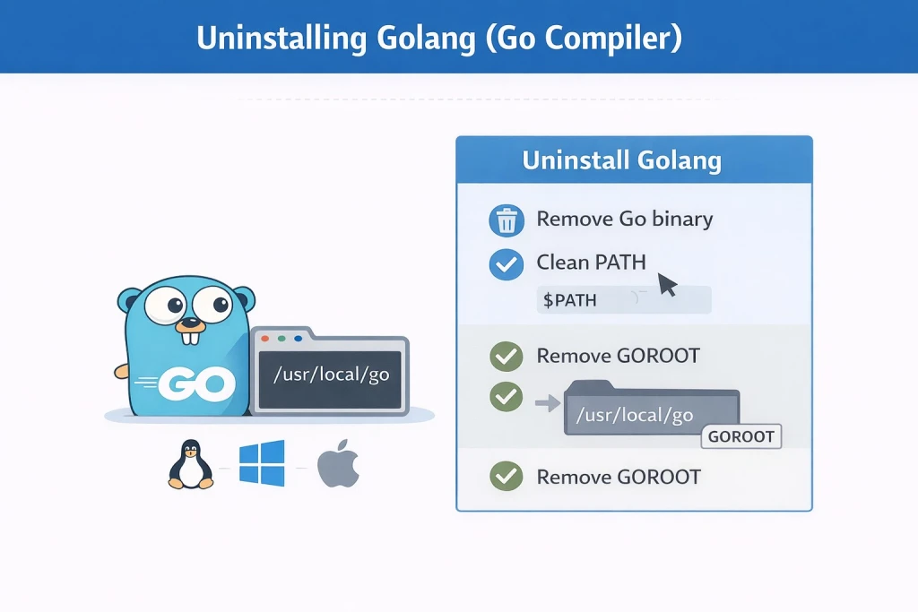 Illustration showing how to uninstall Golang by removing the Go compiler, GOROOT directory, and PATH entries on Linux, Windows, and macOS.