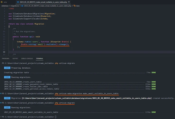 Laravel Migration Change to Make a Column Nullable