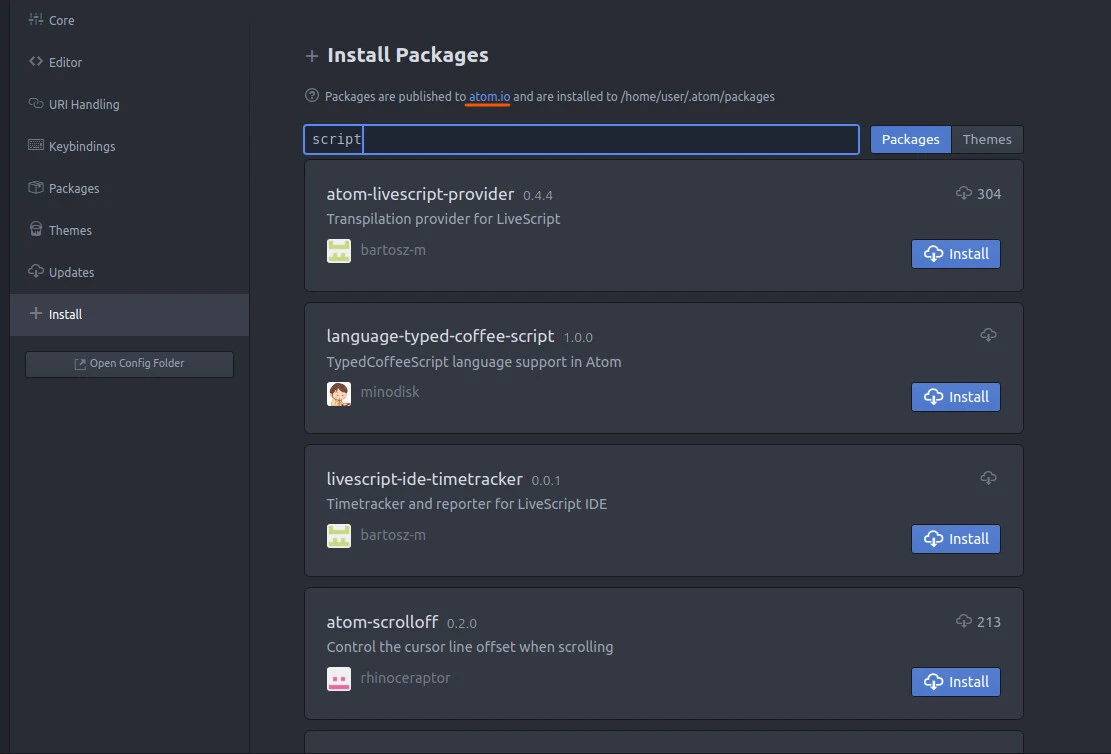 How to use node.js with Atom IDE with the script package