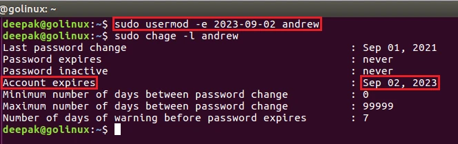 usermod command to modify expiry date of a user