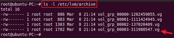 check the archive file volume groups metadata