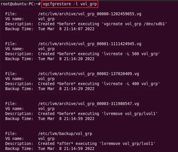 vgcfgrestore command to list metadata backup and archive files