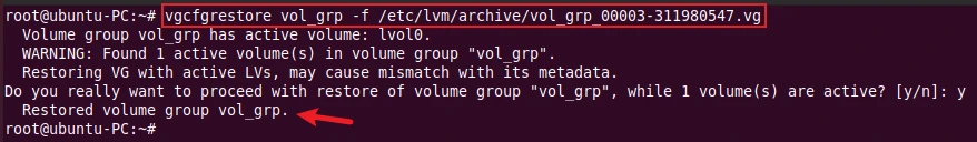 vgcfgrestore command to restore logical volume